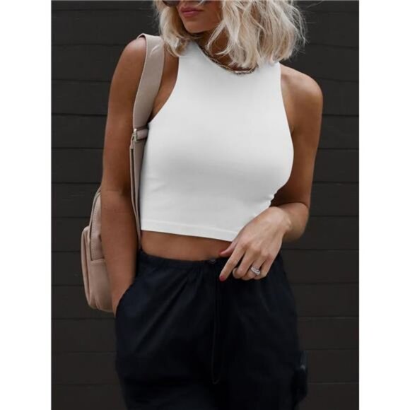 Womens Double Lined Crop Tank Tops Casual Basic Shirts Sleeveless - Picture 4 of 7